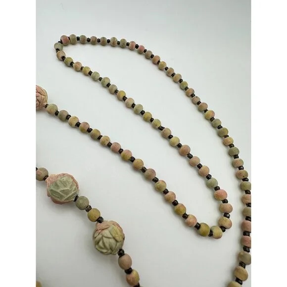 Antique Art Deco real pressed rose petals pink beaded sautoir tassel necklace